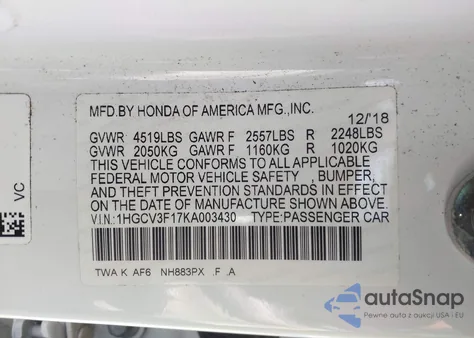 2019 Honda Accord Hybrid from USA, damaged, VIN 1HGCV3F17KA003430